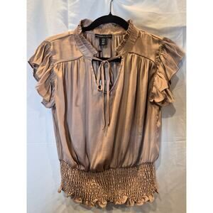 Sincerely Jules Womens Top Mock Collar Tie Front Ribbed Waist Ruffle Sleeve Med